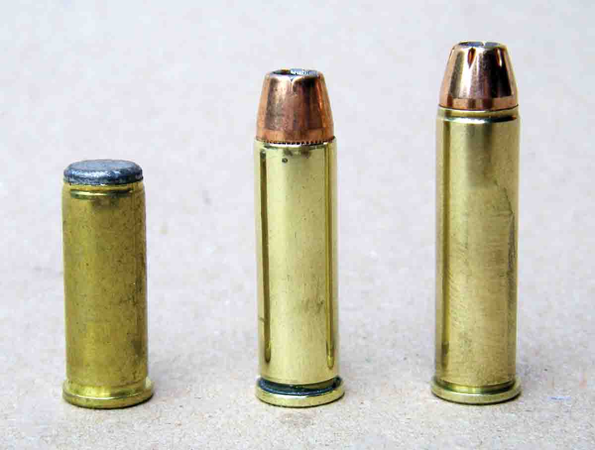 The .327 Federal Magnum (right) is based on a lengthened .32... 