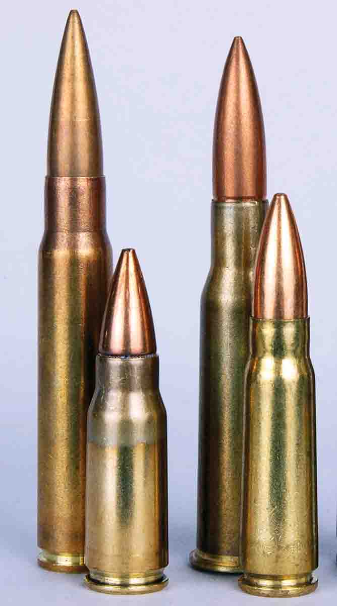 At right is a Soviet 7.62x39mm in front of the 7.62x54mm Rimmed. 