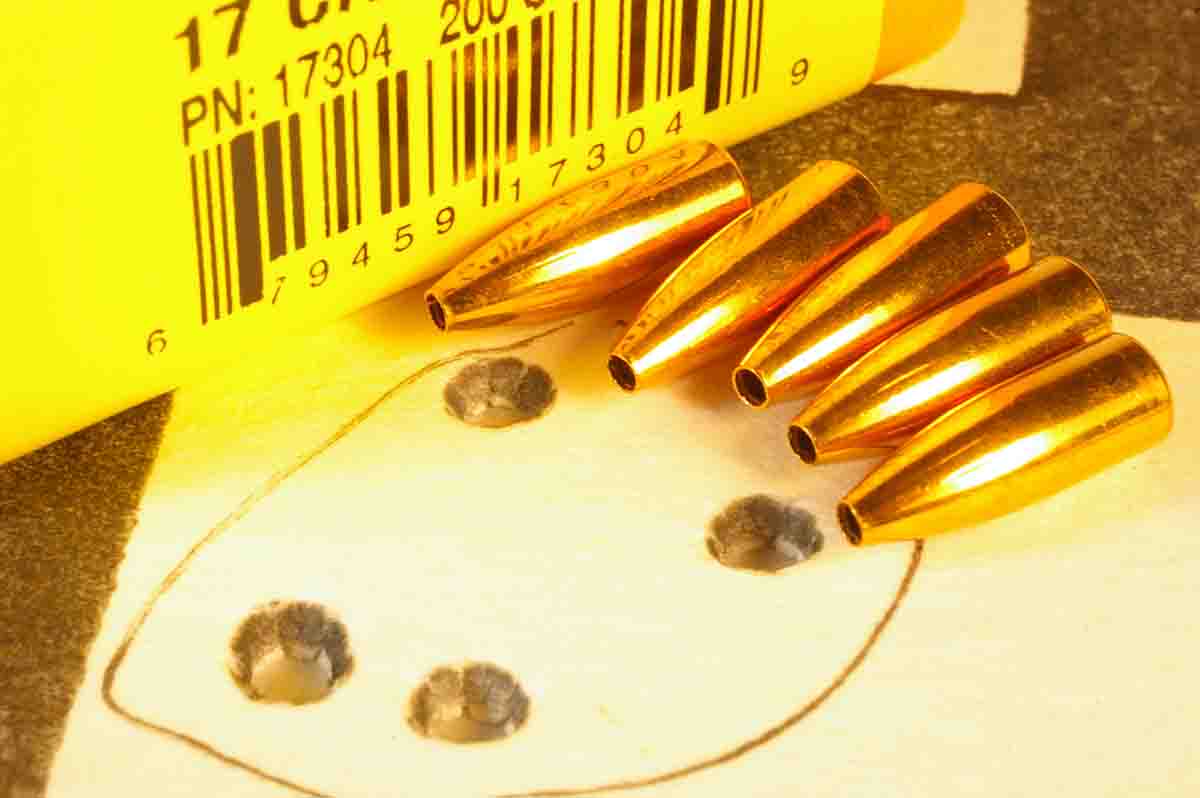 This .65-inch, five-shot group was from John’s handloads with Berger 20-grain Flat Base Target bullets and Reloder 7.